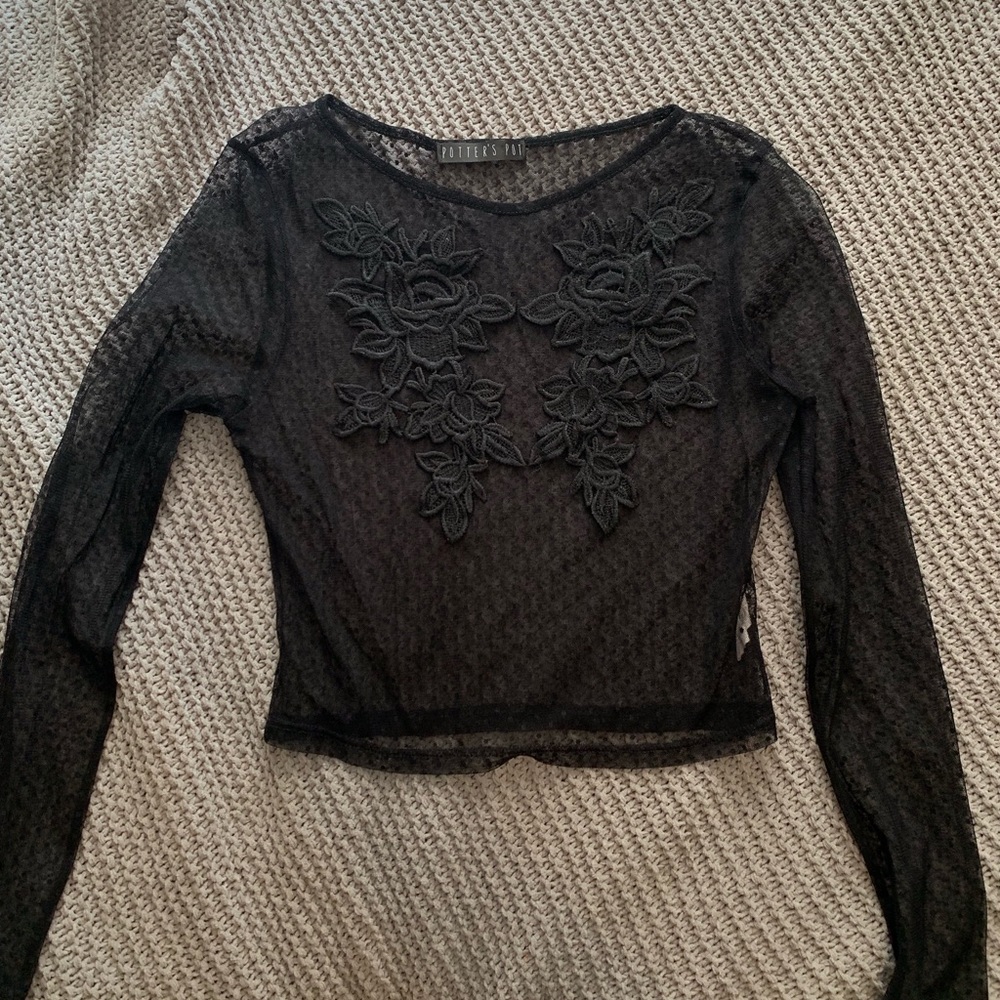 Sheer cropped long sleeve with embroidered